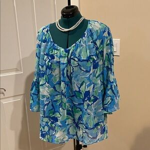 Vibrant Floral Women's Blouse in Blue and Green